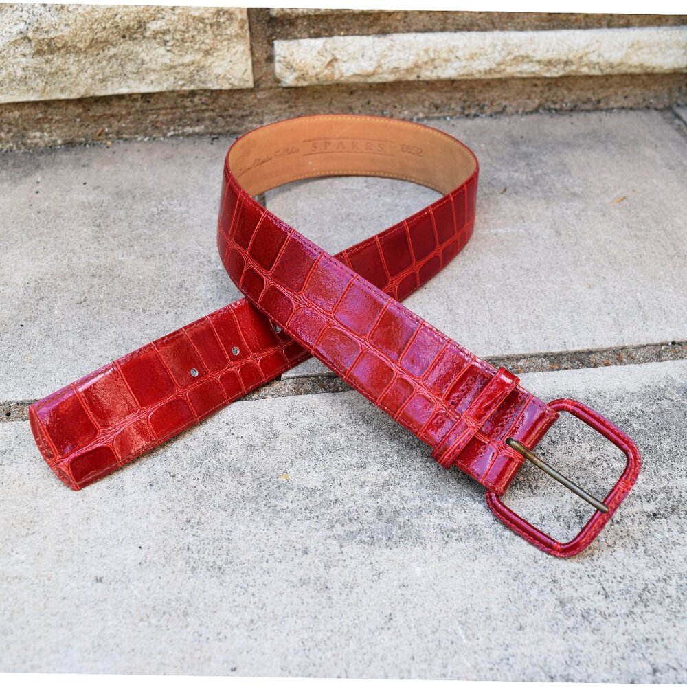 "Sparrs" Italian Alligator Calfskin Bright Rich Red Leather Belt, Size Small